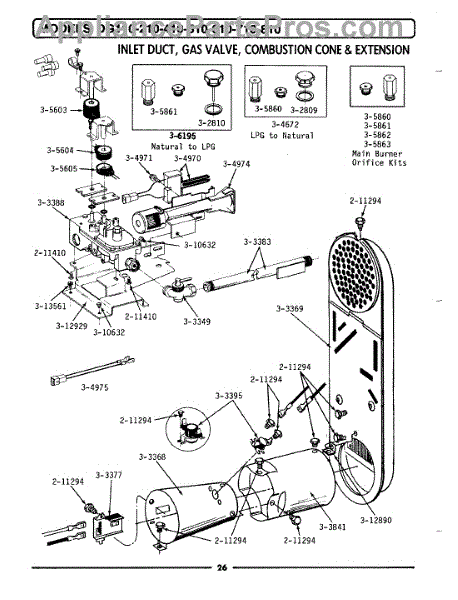 Parts for Maytag LDG410: Inlet Duct, Gas Valve, Cone & Extension Parts ...