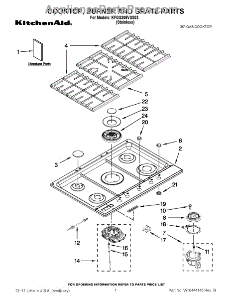 Parts for KitchenAid KFGS306VSS03: Cooktop, Burner and Grate Parts ...