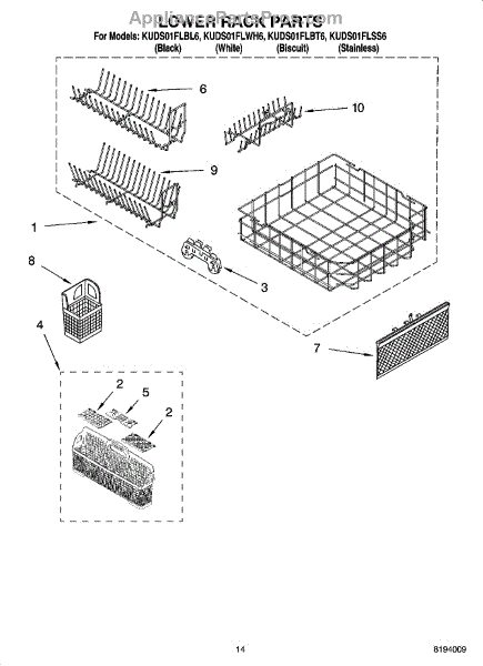 Parts for KitchenAid KUDS01FLSS6: Lower Rack Parts, Optional Parts (not ...