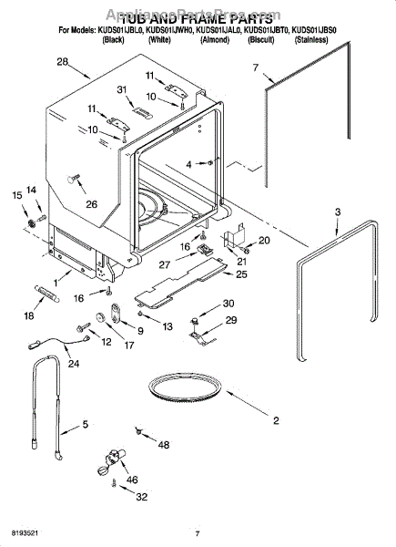 Parts for KitchenAid KUDS01IJBL0: Tub and Frame Parts