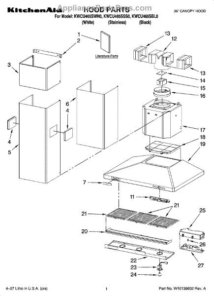 Parts For Kitchenaid Kwcu465sss0: Hood Parts - Appliancepartspros.com