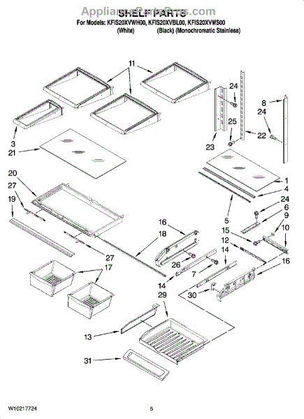 Parts For Kitchenaid Kfis20xvms00: Shelf Parts - Appliancepartspros.com