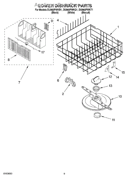 Parts For Whirlpool DU960PWKQ1: Lower Dishrack Parts ...