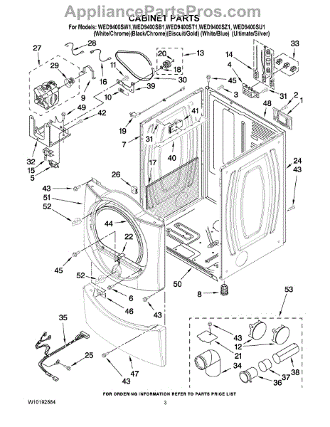 Parts for Whirlpool WED9400SW1: Cabinet Parts - AppliancePartsPros.com