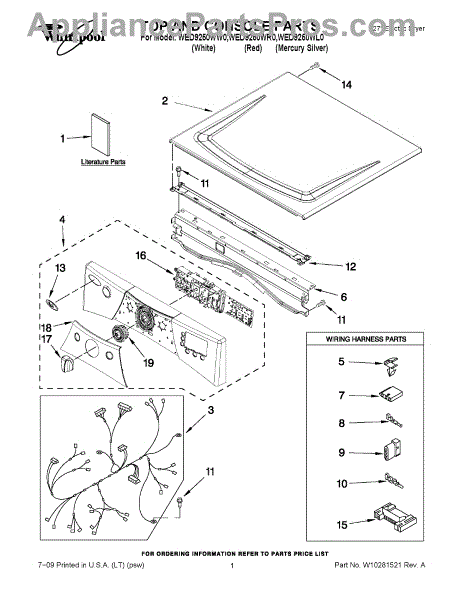 Parts for Whirlpool WED9250WW0: Top and Console Parts ...
