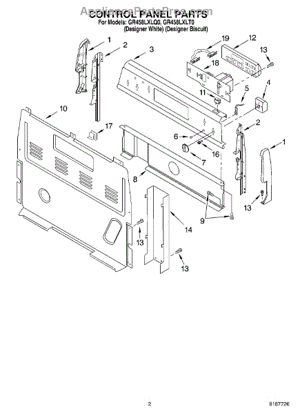 Parts for Whirlpool GR458LXLQ0: Control Panel Parts