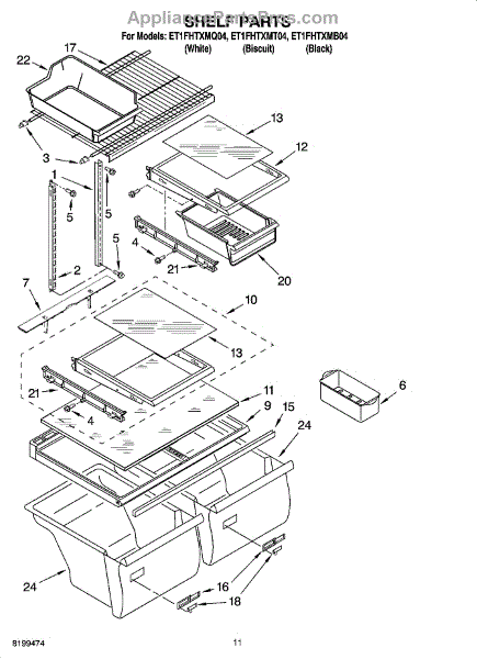 Parts for Whirlpool ET1FHTXMQ04: Shelf Parts - AppliancePartsPros.com