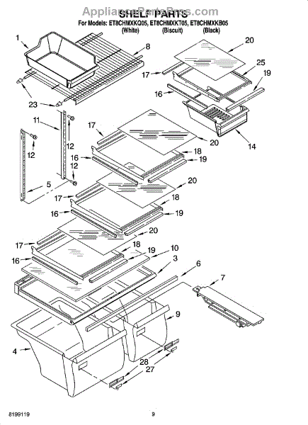 Parts for Whirlpool ET8CHMXKB05: Shelf Parts - AppliancePartsPros.com