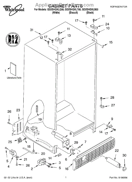 Parts for Whirlpool GD2SHGXLQ00: Cabinet, Literature Parts ...