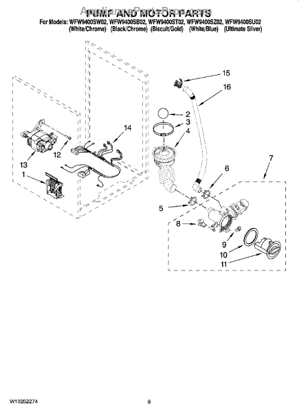 Parts for Whirlpool WFW9400SW02: Pump and Motor Parts ...