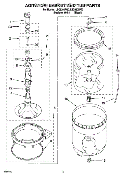 Parts for Whirlpool LSQ9200PQ0: Agitator, Basket and Tub Parts
