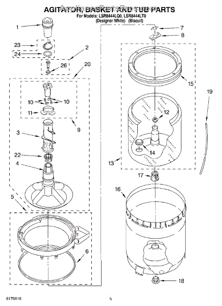Parts for Whirlpool LSR8444LQ0: Agitator, Basket and Tub Parts ...