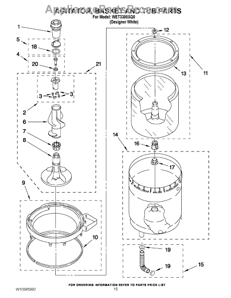 Parts for Whirlpool WET3300XQ0: Agitator, Basket and Tub Parts ...