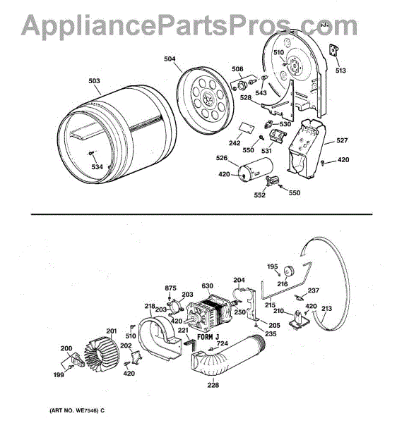 Parts for GE NVLR333GT0WB: Drum, Blower & Drive Assembly Parts