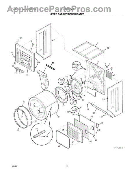 Parts for Frigidaire CFLE2022MW0: Upper Cabinet / Drum / Heater Parts ...