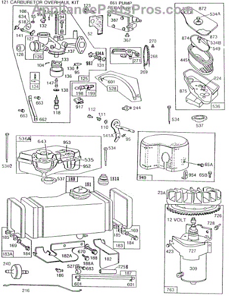 Parts for Briggs & Stratton 193707-0154-01: Carburetor & Fuel Tank Assy ...